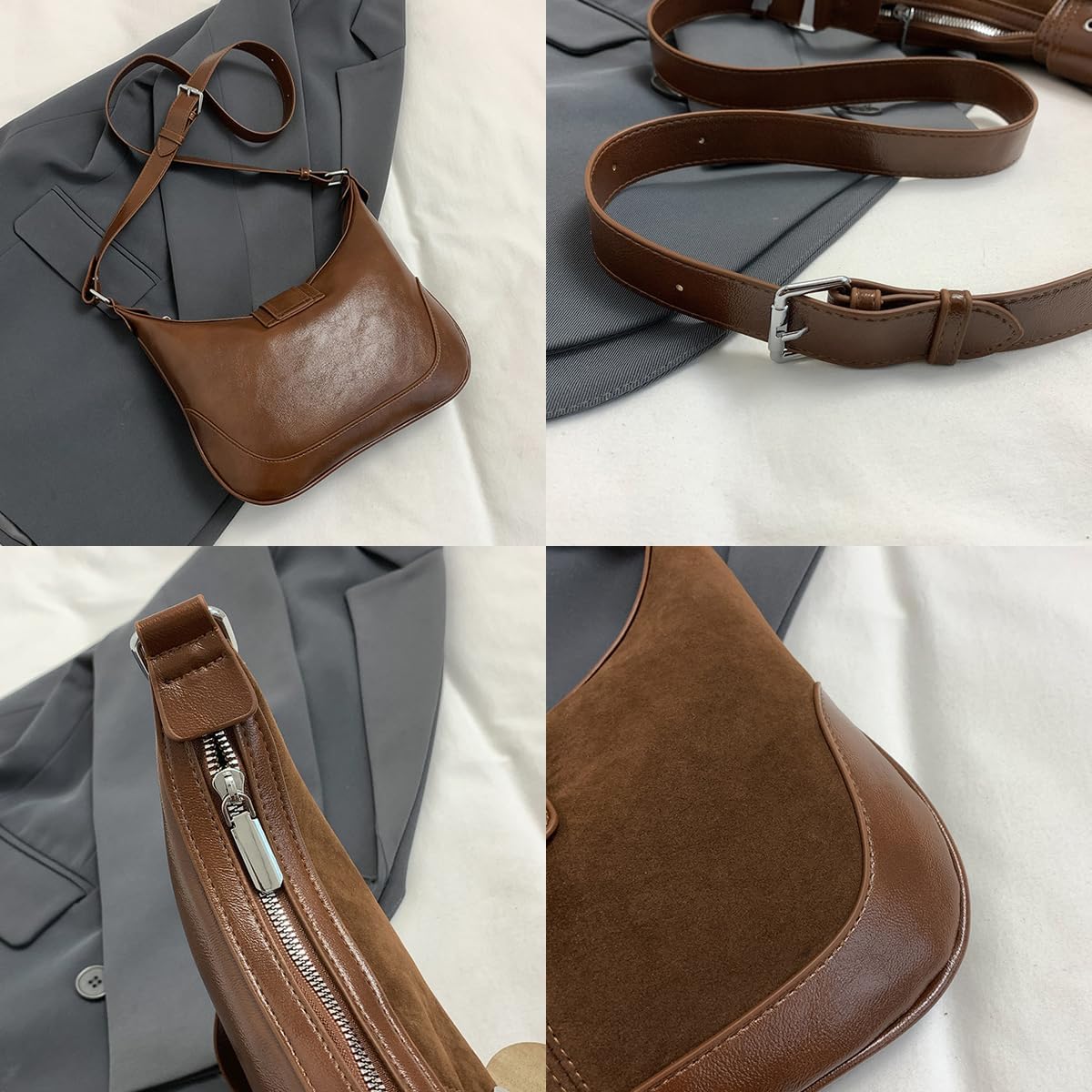 Bolso Hobo para Mujer Bolso de Hombro de Gamuza Bolso de Mano Bolso Cruzado para Mujer, Marrón 