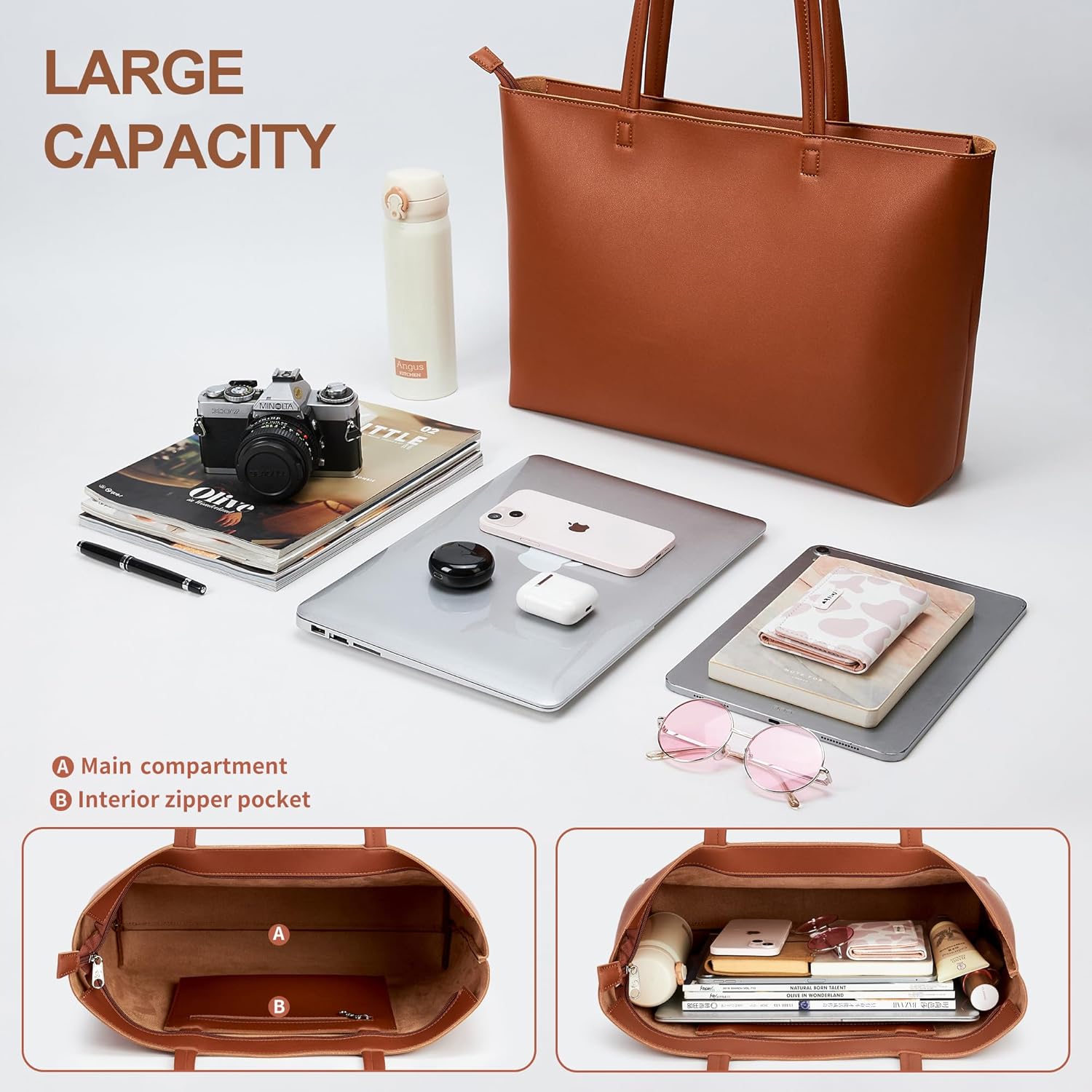 Bolso de mano KALIDI con cremallera, bolso de hombro de piel sintética, bolso de mano grande e informal para mujer, para el trabajo, citas, universidad 