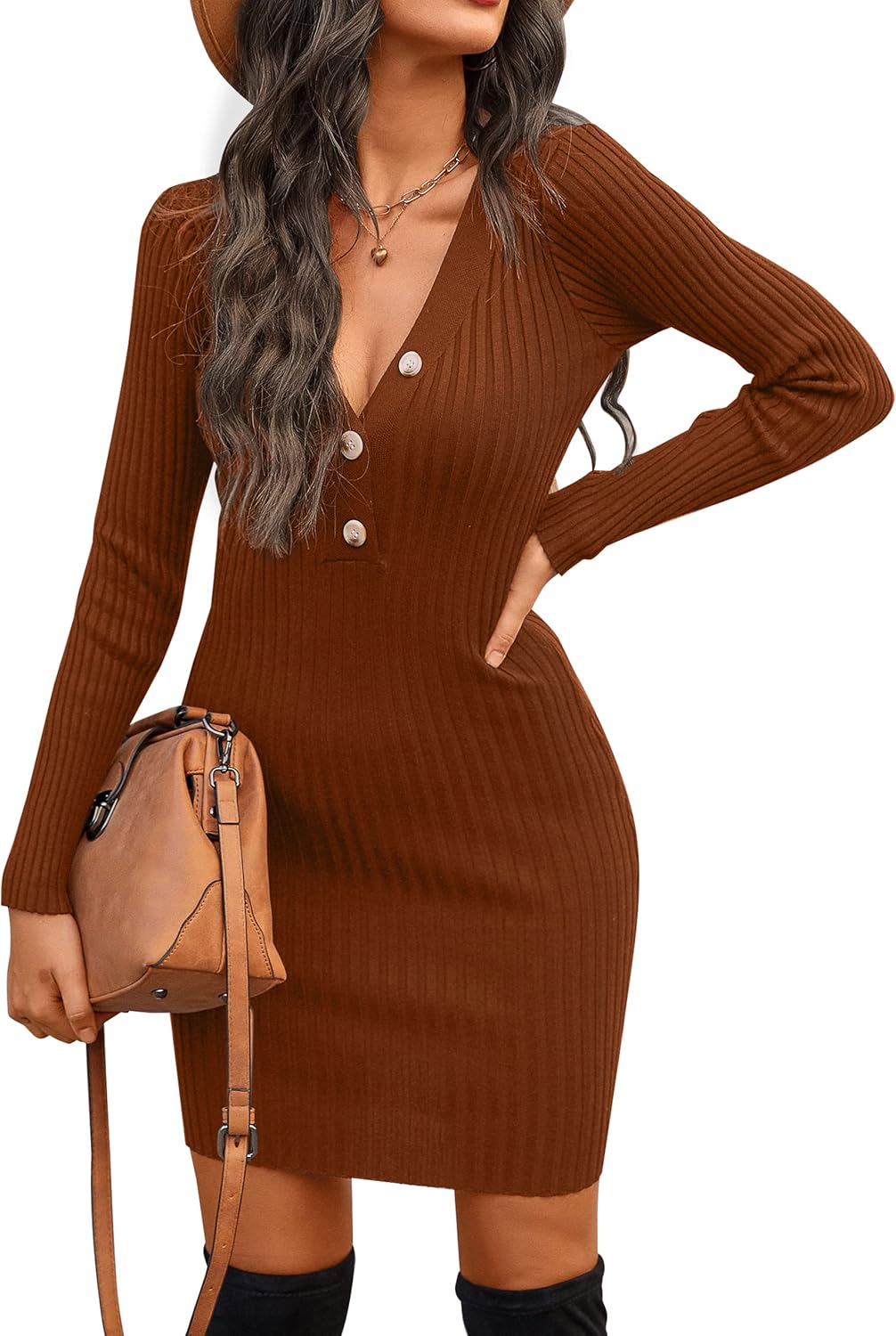 Vestido mini ajustado de manga larga con escote en V sexy para mujer de Blooming Jelly, vestido de otoño, suéter de invierno de punto acanalado moderno para mujer 