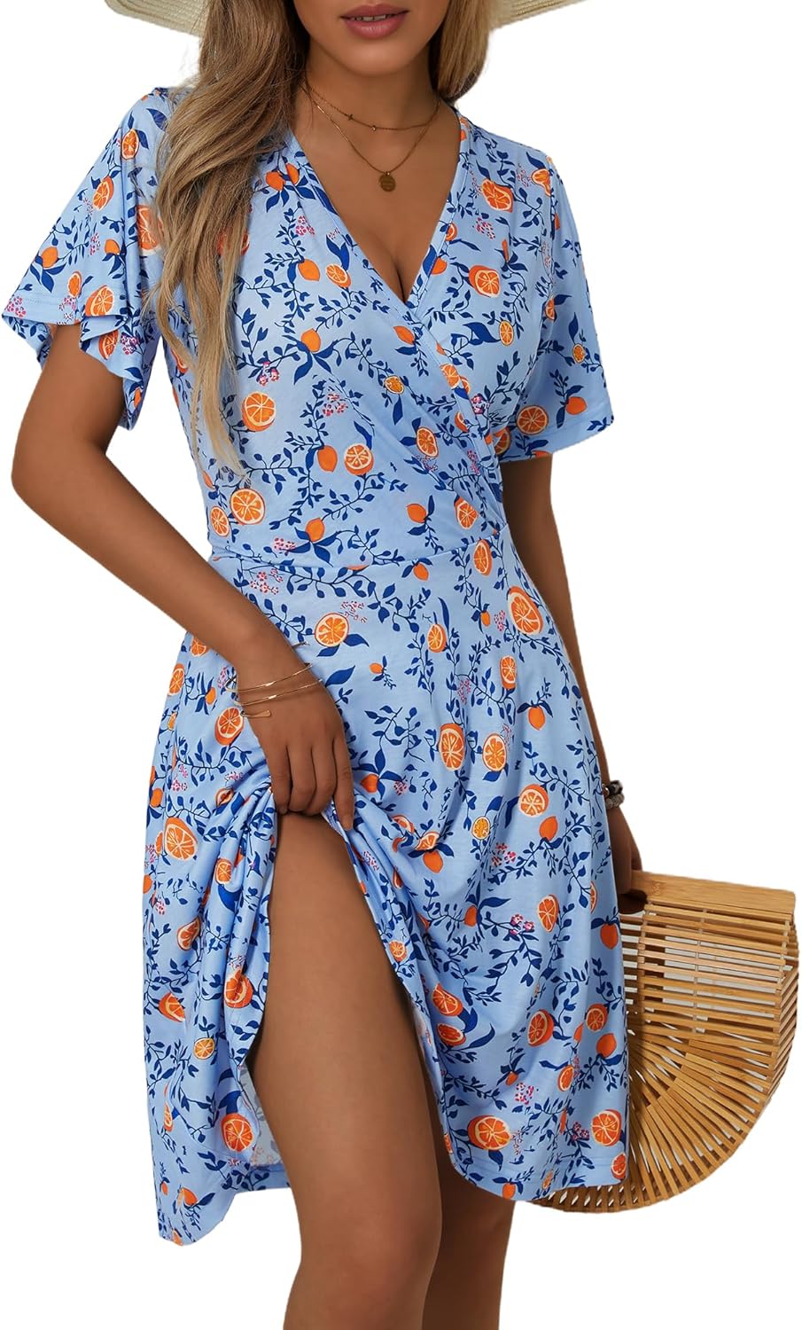 Womens Sundress Summer Floral Short Sleeve Wrap V Neck A-Line Midi Dress