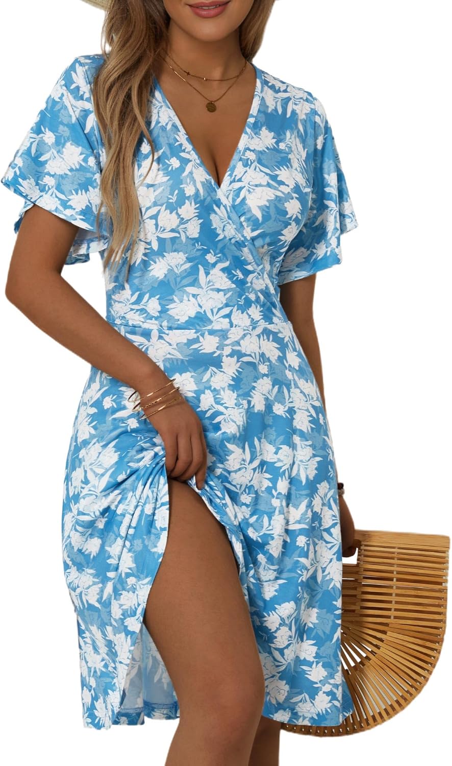 Womens Sundress Summer Floral Short Sleeve Wrap V Neck A-Line Midi Dress
