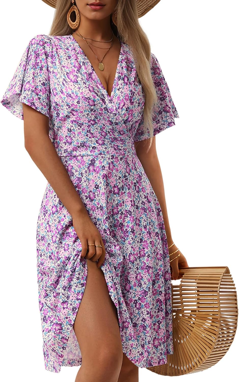 Womens Sundress Summer Floral Short Sleeve Wrap V Neck A-Line Midi Dress