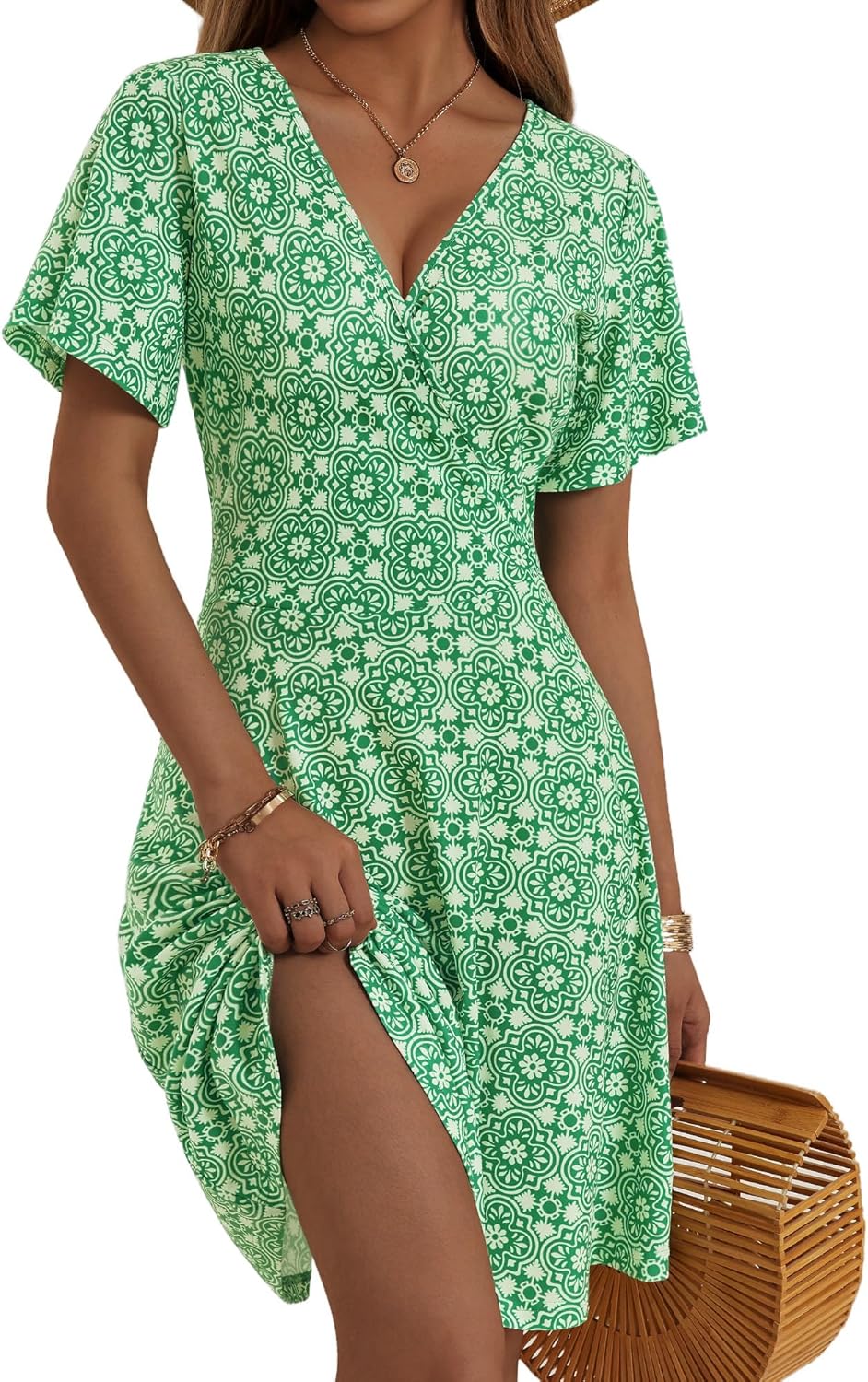 Womens Sundress Summer Floral Short Sleeve Wrap V Neck A-Line Midi Dress