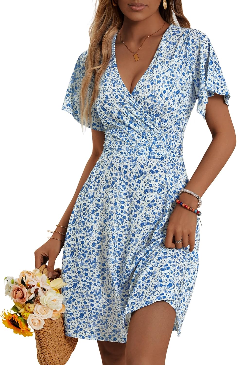 Womens Sundress Summer Floral Short Sleeve Wrap V Neck A-Line Midi Dress