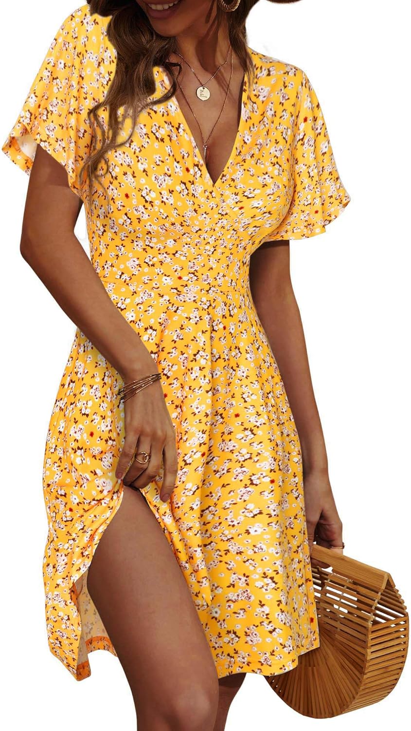 Womens Sundress Summer Floral Short Sleeve Wrap V Neck A-Line Midi Dress