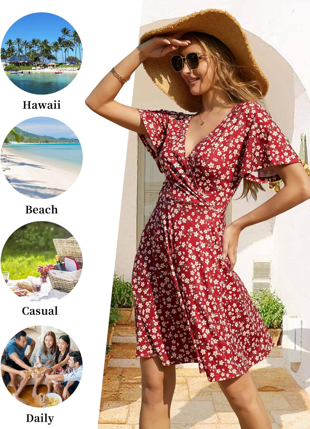 Womens Sundress Summer Floral Short Sleeve Wrap V Neck A-Line Midi Dress