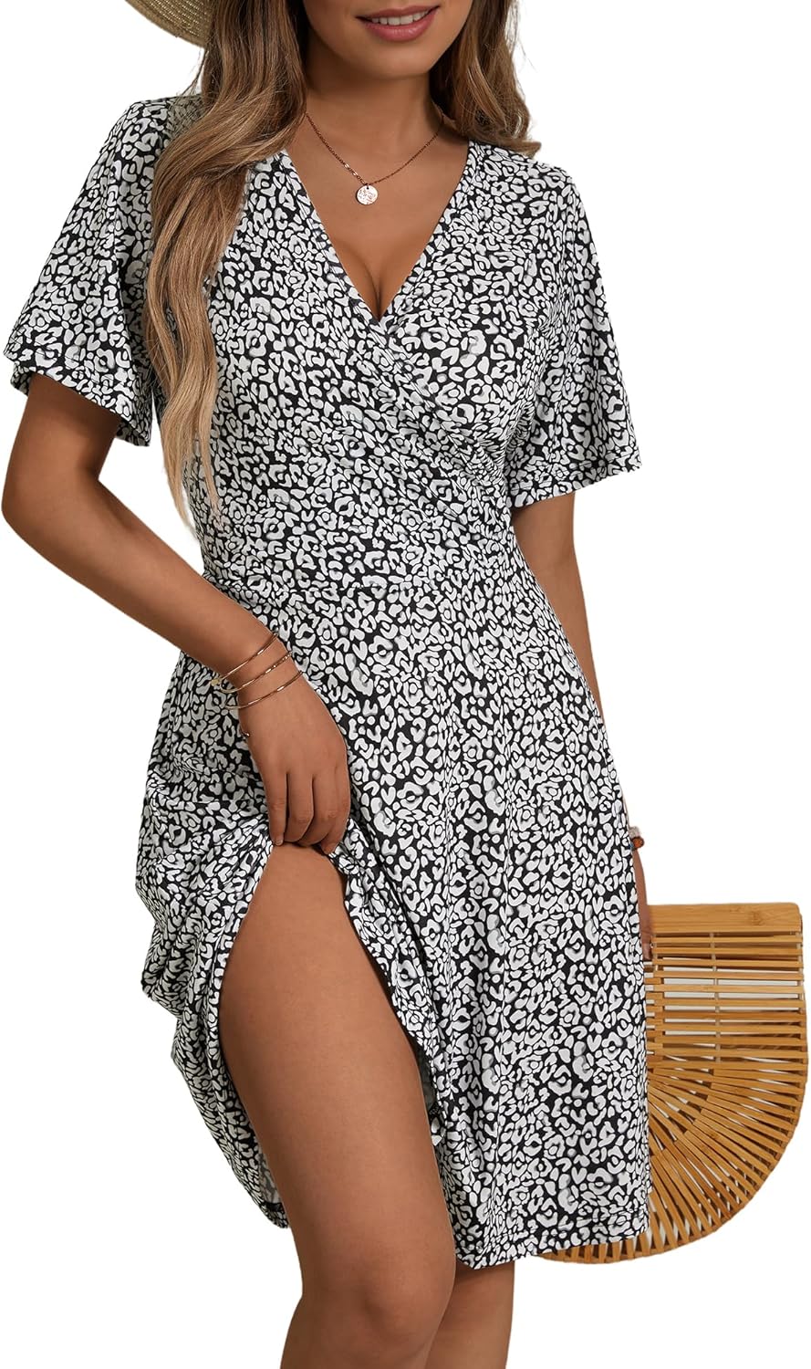 Womens Sundress Summer Floral Short Sleeve Wrap V Neck A-Line Midi Dress