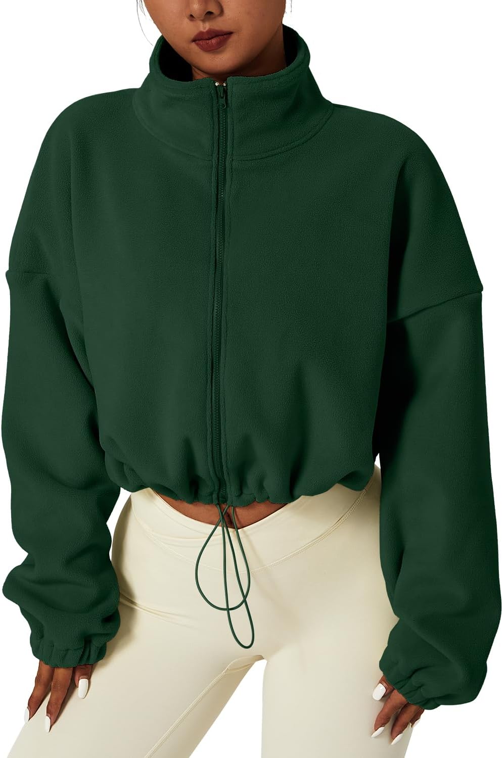QINSEN Women's Full Zip Fleece Short Jacket Warm Winter Long Sleeve Stand Collar Sherpa Crop Coat