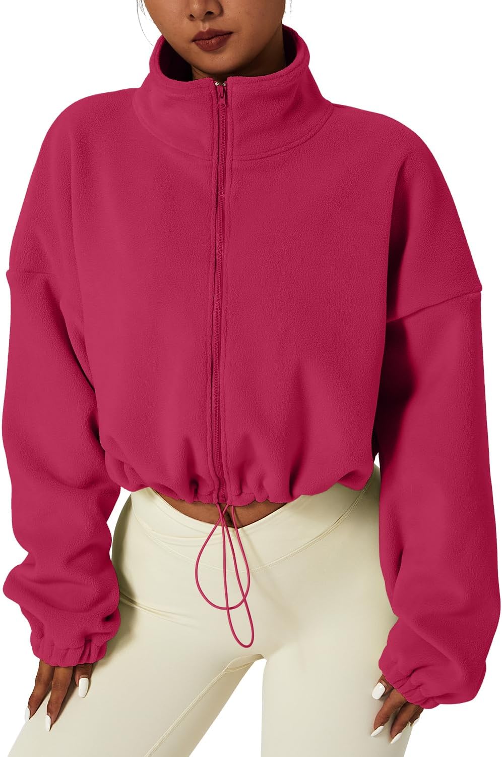 QINSEN Women's Full Zip Fleece Short Jacket Warm Winter Long Sleeve Stand Collar Sherpa Crop Coat