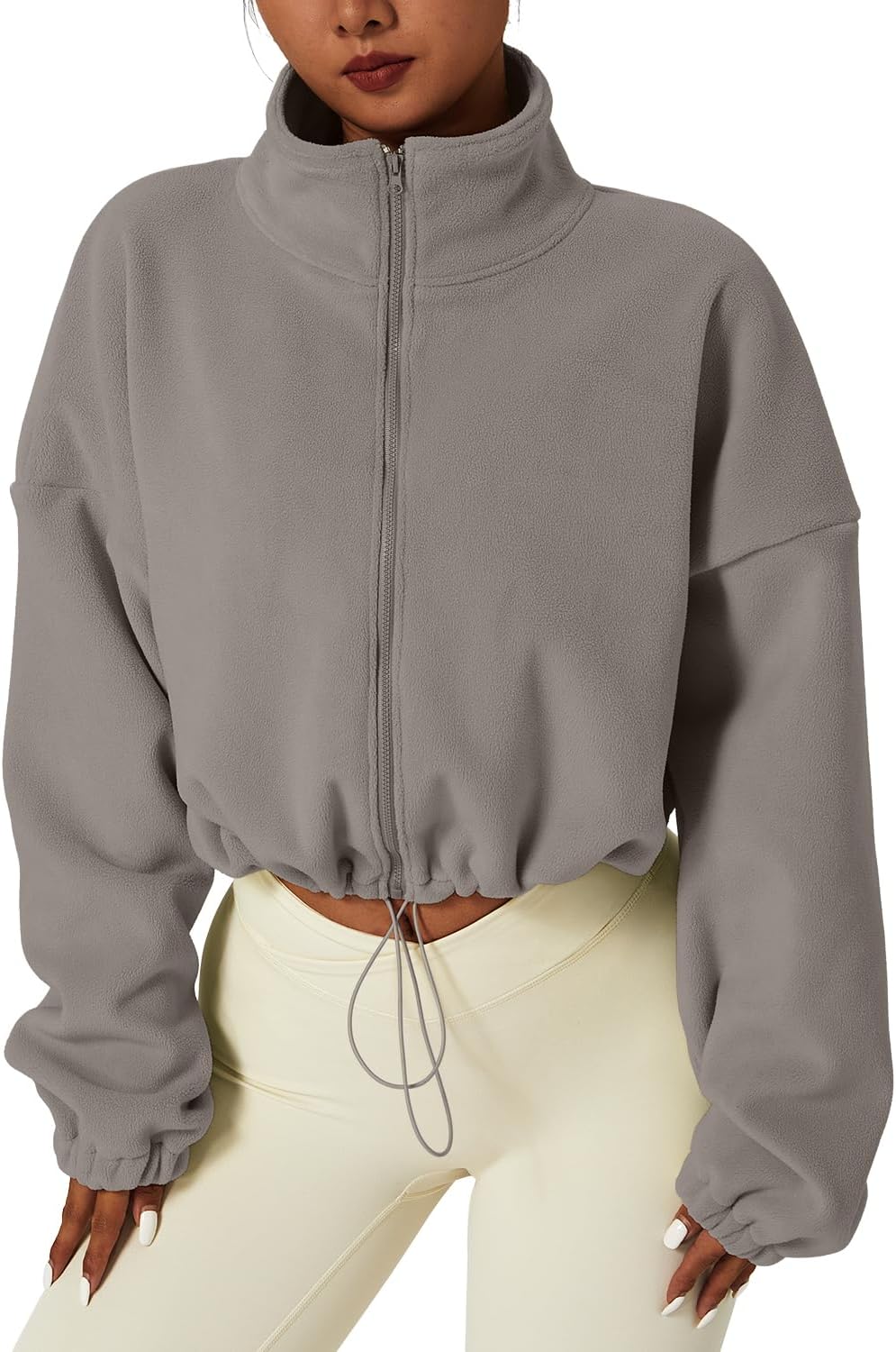 QINSEN Women's Full Zip Fleece Short Jacket Warm Winter Long Sleeve Stand Collar Sherpa Crop Coat