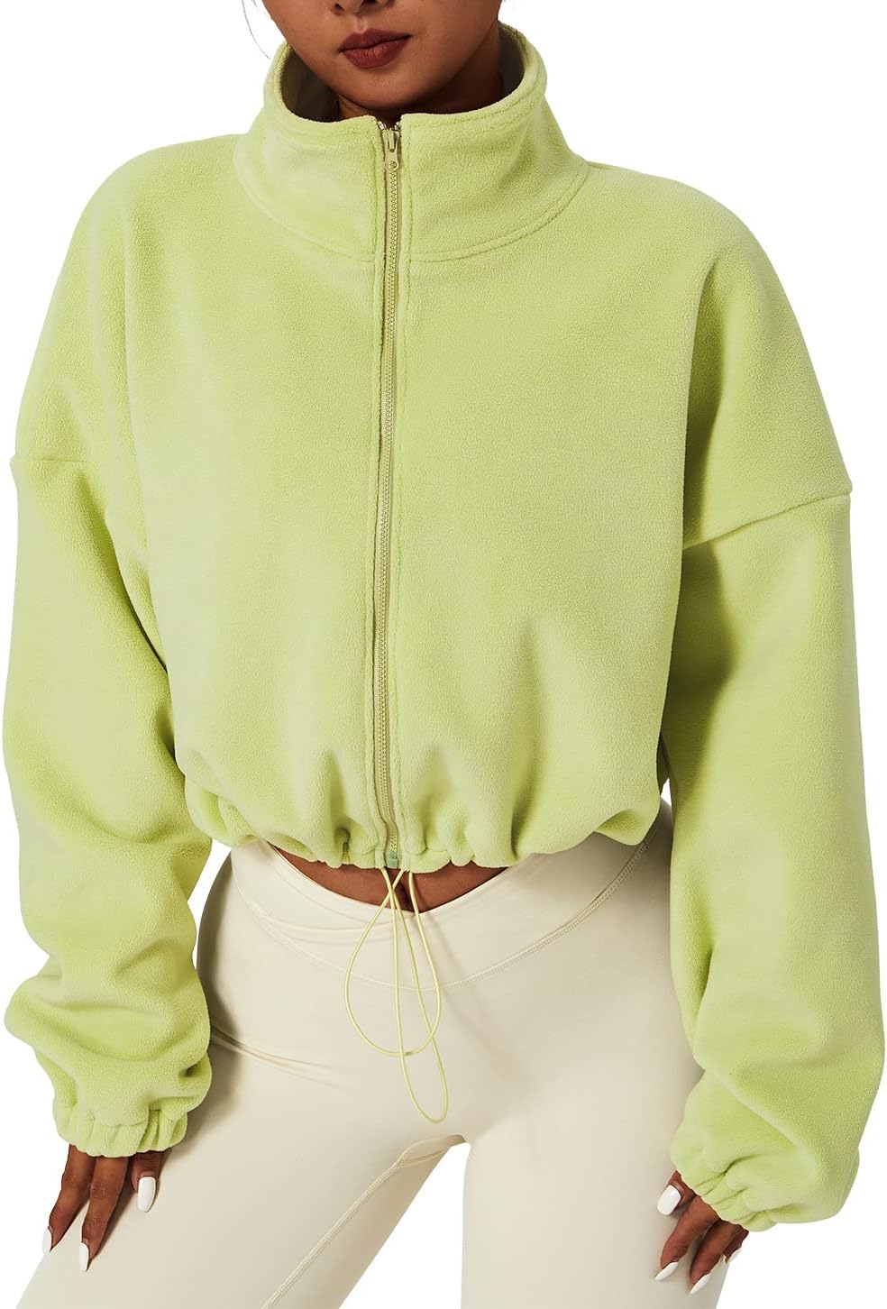 QINSEN Women's Full Zip Fleece Short Jacket Warm Winter Long Sleeve Stand Collar Sherpa Crop Coat