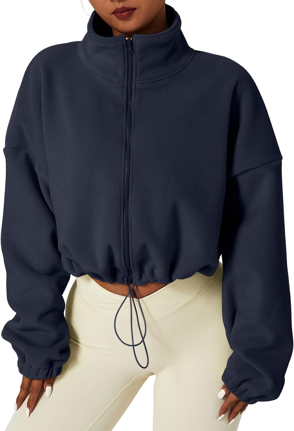 QINSEN Women's Full Zip Fleece Short Jacket Warm Winter Long Sleeve Stand Collar Sherpa Crop Coat
