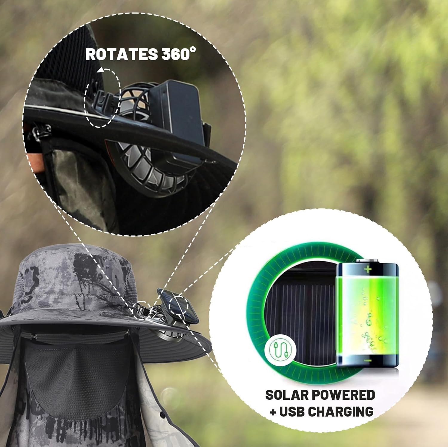 Wide Brim Sun Hat with Solar Fan - Outdoor Solar Fan Hat for Fishing, Hiking, Camping