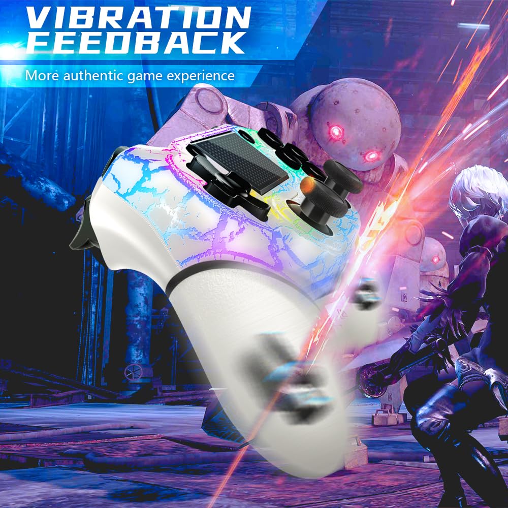 Wireless Controller for PS4, White Crack Custom Design with RGB Light,1000mAh Battery and 3.5mm Audio Jack