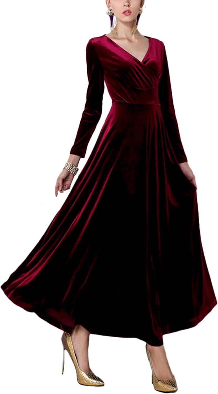 Vestido largo elástico de terciopelo con escote en V y manga larga para mujer de Urban CoCo 
