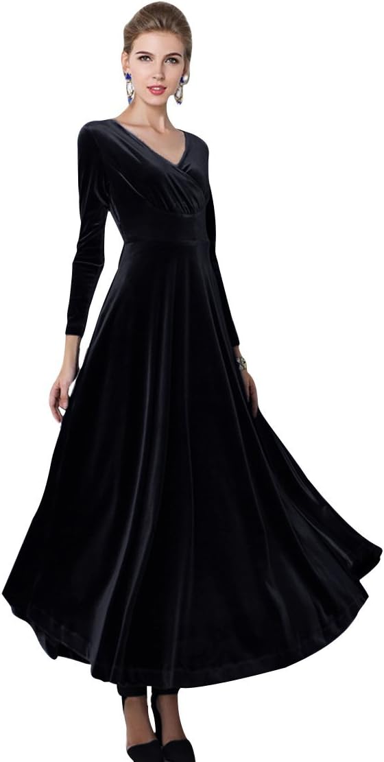 Vestido largo elástico de terciopelo con escote en V y manga larga para mujer de Urban CoCo 