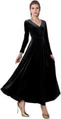 Vestido largo elástico de terciopelo con escote en V y manga larga para mujer de Urban CoCo 