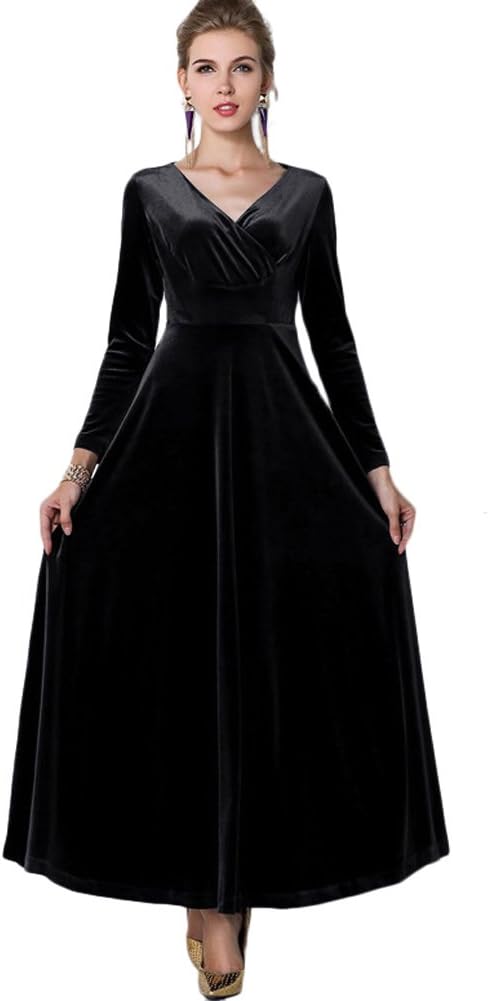 Vestido largo elástico de terciopelo con escote en V y manga larga para mujer de Urban CoCo 