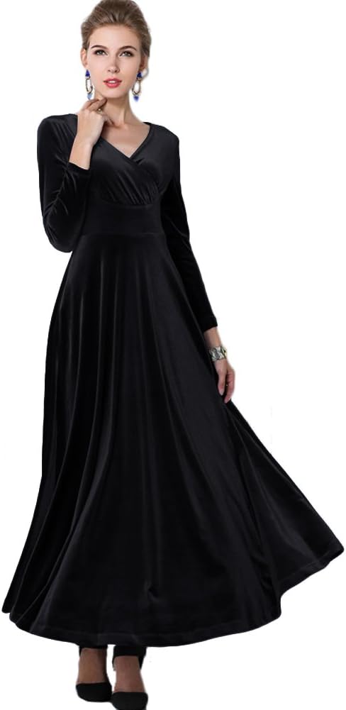 Vestido largo elástico de terciopelo con escote en V y manga larga para mujer de Urban CoCo 