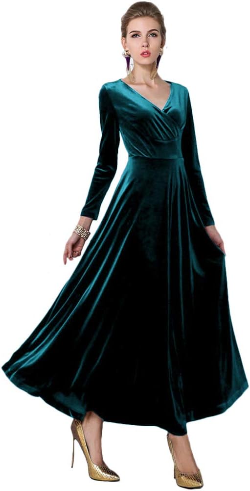 Vestido largo elástico de terciopelo con escote en V y manga larga para mujer de Urban CoCo 