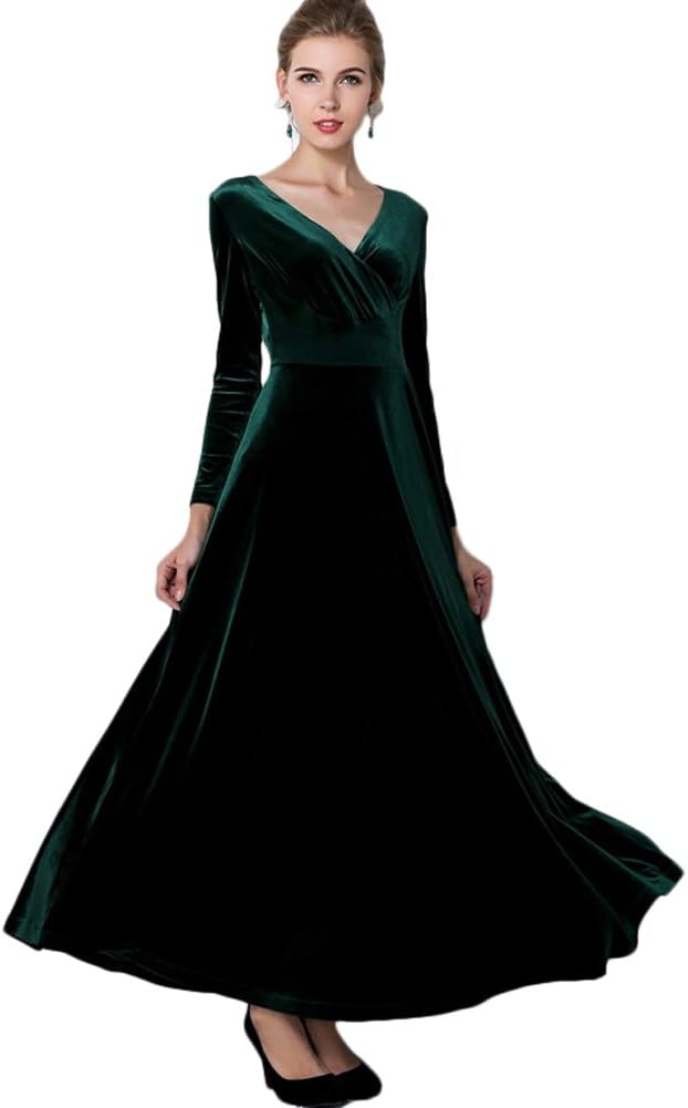 Vestido largo elástico de terciopelo con escote en V y manga larga para mujer de Urban CoCo 