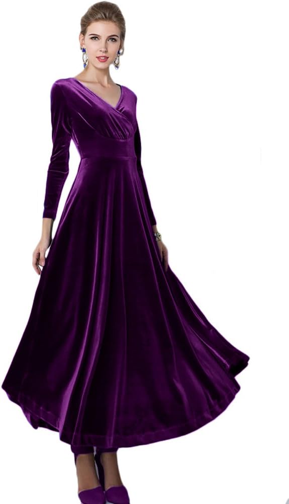 Vestido largo elástico de terciopelo con escote en V y manga larga para mujer de Urban CoCo 