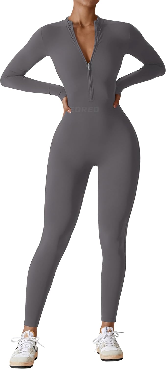 YEOREO Mono de entrenamiento de manga larga para mujer, mono con cremallera y pantalones en la parte inferior, mono sexy de una pieza 