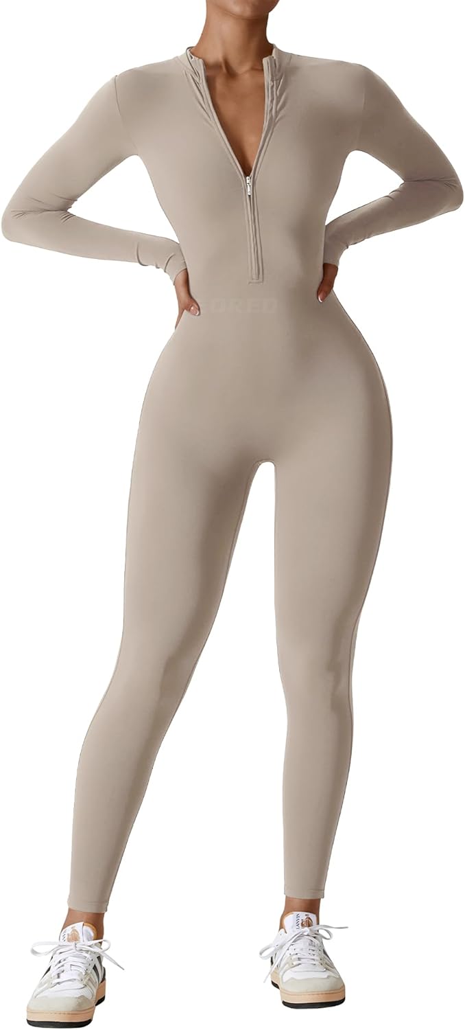 YEOREO Mono de entrenamiento de manga larga para mujer, mono con cremallera y pantalones en la parte inferior, mono sexy de una pieza 