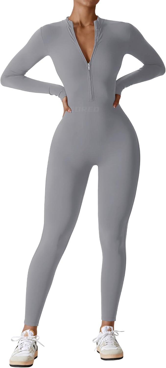 YEOREO Mono de entrenamiento de manga larga para mujer, mono con cremallera y pantalones en la parte inferior, mono sexy de una pieza 