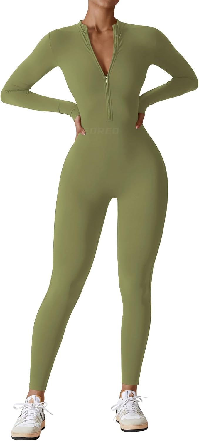 YEOREO Mono de entrenamiento de manga larga para mujer, mono con cremallera y pantalones en la parte inferior, mono sexy de una pieza 