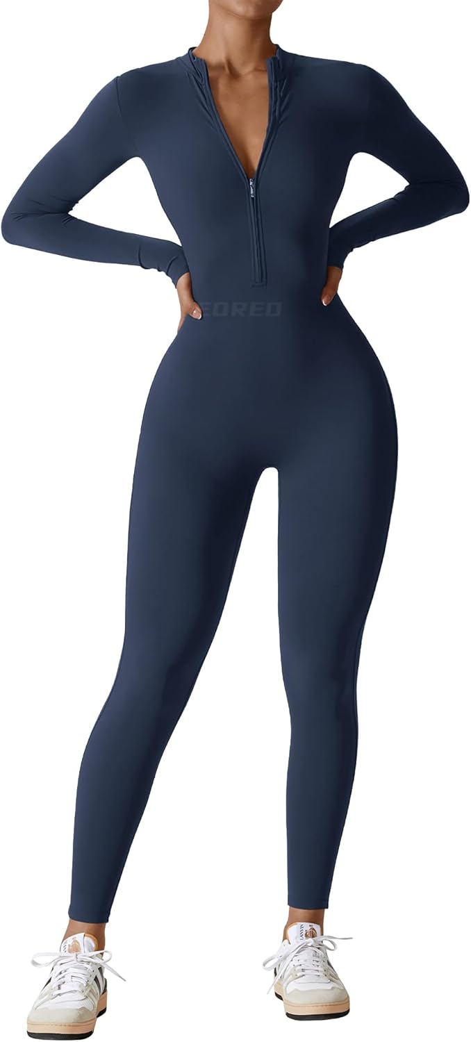 YEOREO Mono de entrenamiento de manga larga para mujer, mono con cremallera y pantalones en la parte inferior, mono sexy de una pieza 