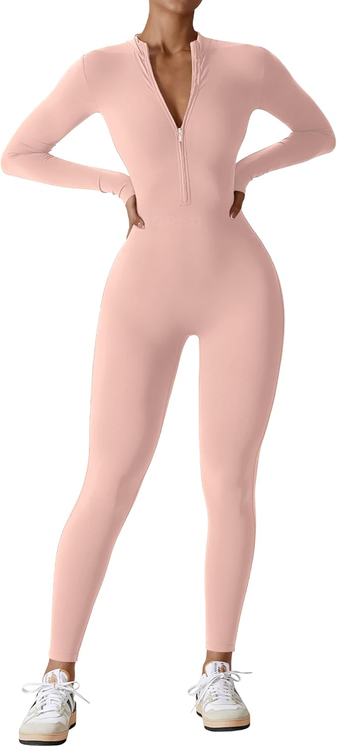 YEOREO Mono de entrenamiento de manga larga para mujer, mono con cremallera y pantalones en la parte inferior, mono sexy de una pieza 
