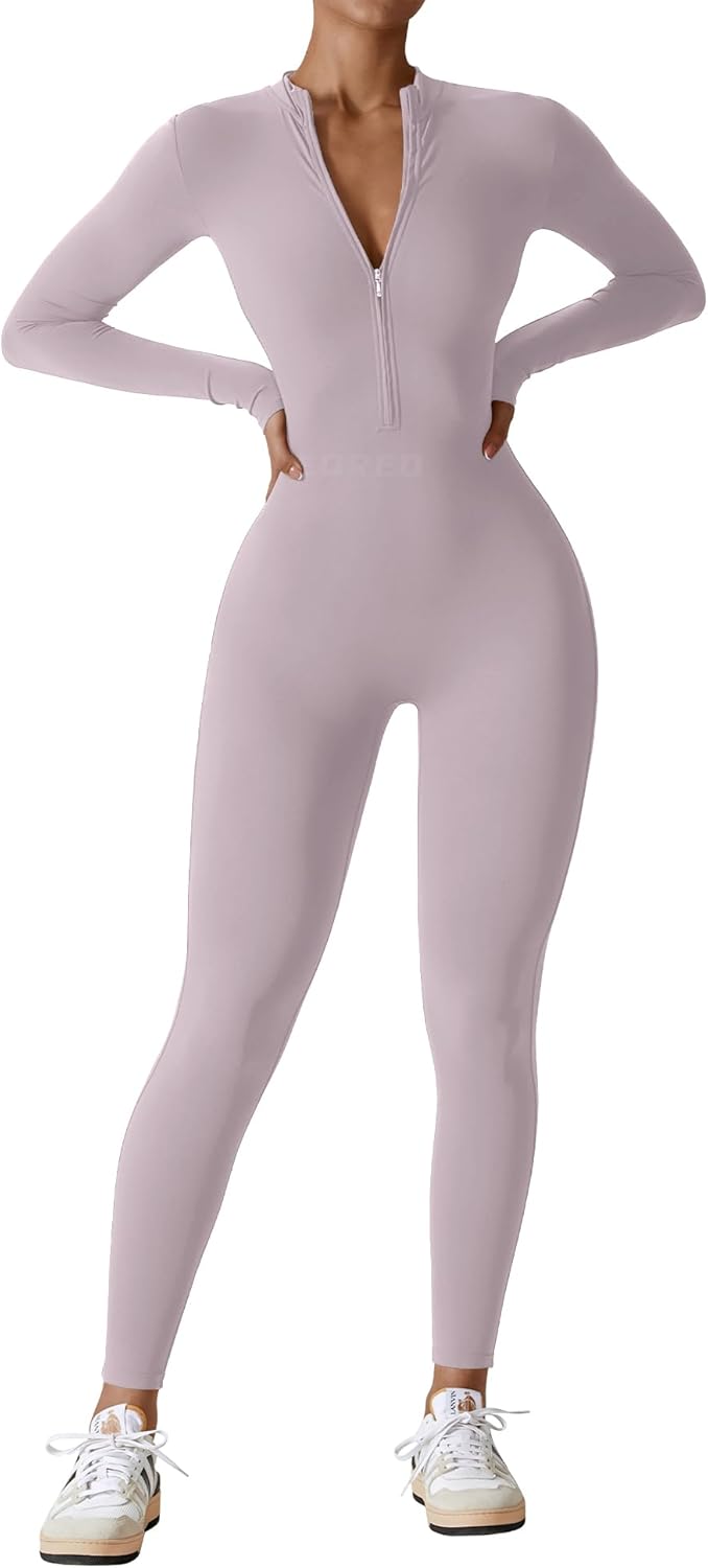 YEOREO Mono de entrenamiento de manga larga para mujer, mono con cremallera y pantalones en la parte inferior, mono sexy de una pieza 