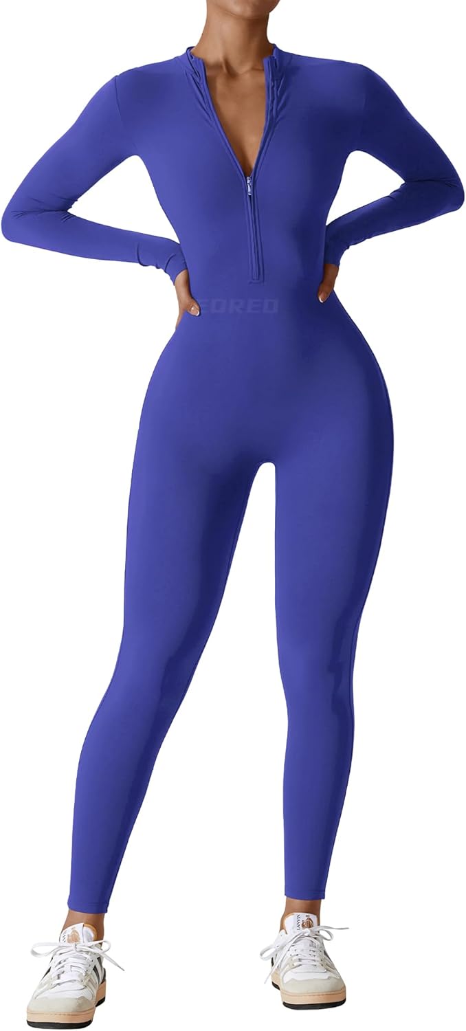 YEOREO Mono de entrenamiento de manga larga para mujer, mono con cremallera y pantalones en la parte inferior, mono sexy de una pieza 