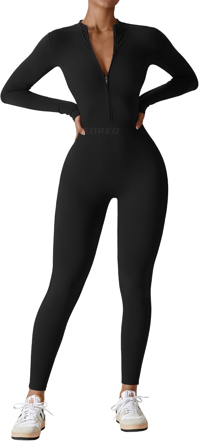 YEOREO Mono de entrenamiento de manga larga para mujer, mono con cremallera y pantalones en la parte inferior, mono sexy de una pieza 