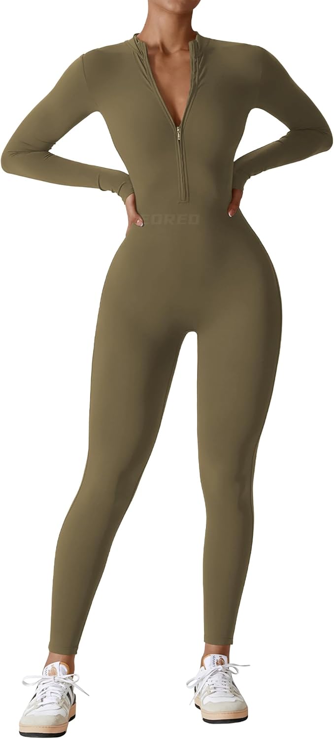 YEOREO Mono de entrenamiento de manga larga para mujer, mono con cremallera y pantalones en la parte inferior, mono sexy de una pieza 