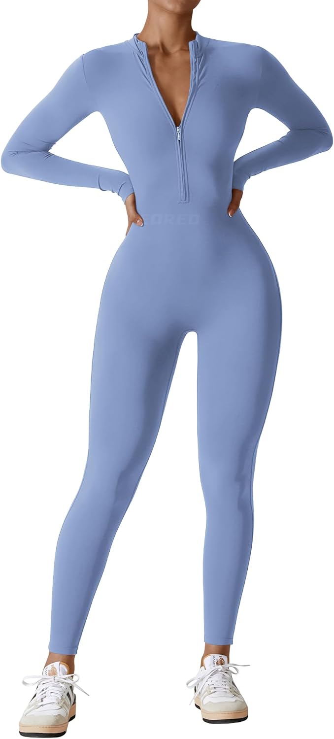 YEOREO Mono de entrenamiento de manga larga para mujer, mono con cremallera y pantalones en la parte inferior, mono sexy de una pieza 