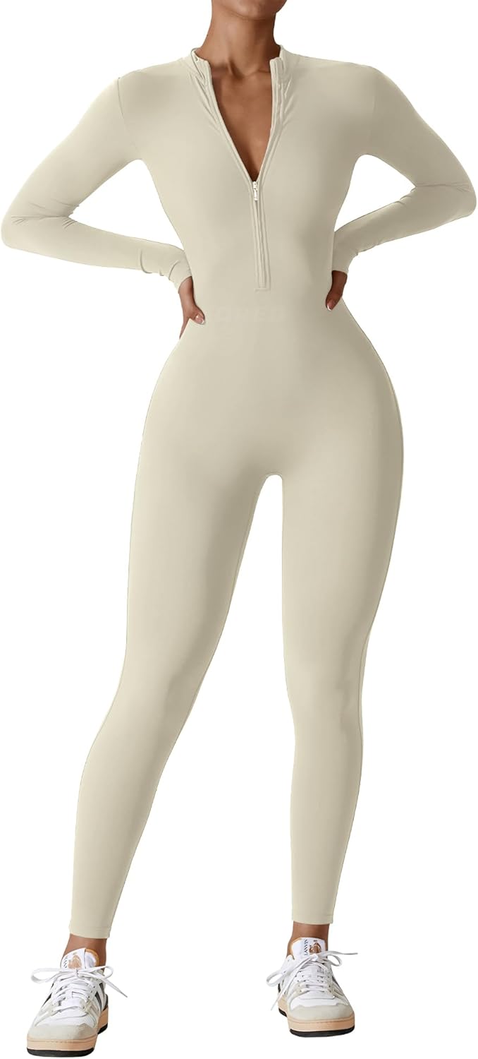 YEOREO Mono de entrenamiento de manga larga para mujer, mono con cremallera y pantalones en la parte inferior, mono sexy de una pieza 