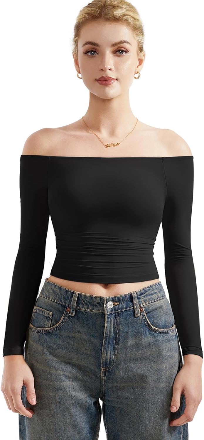 SUUKSESS Camisas de manga larga con doble forro y hombros descubiertos para mujer, blusas básicas para salir 