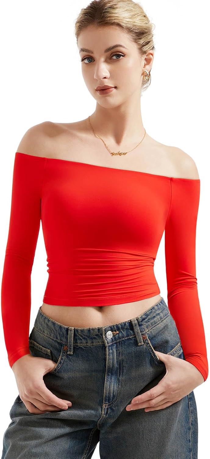 SUUKSESS Camisas de manga larga con doble forro y hombros descubiertos para mujer, blusas básicas para salir 