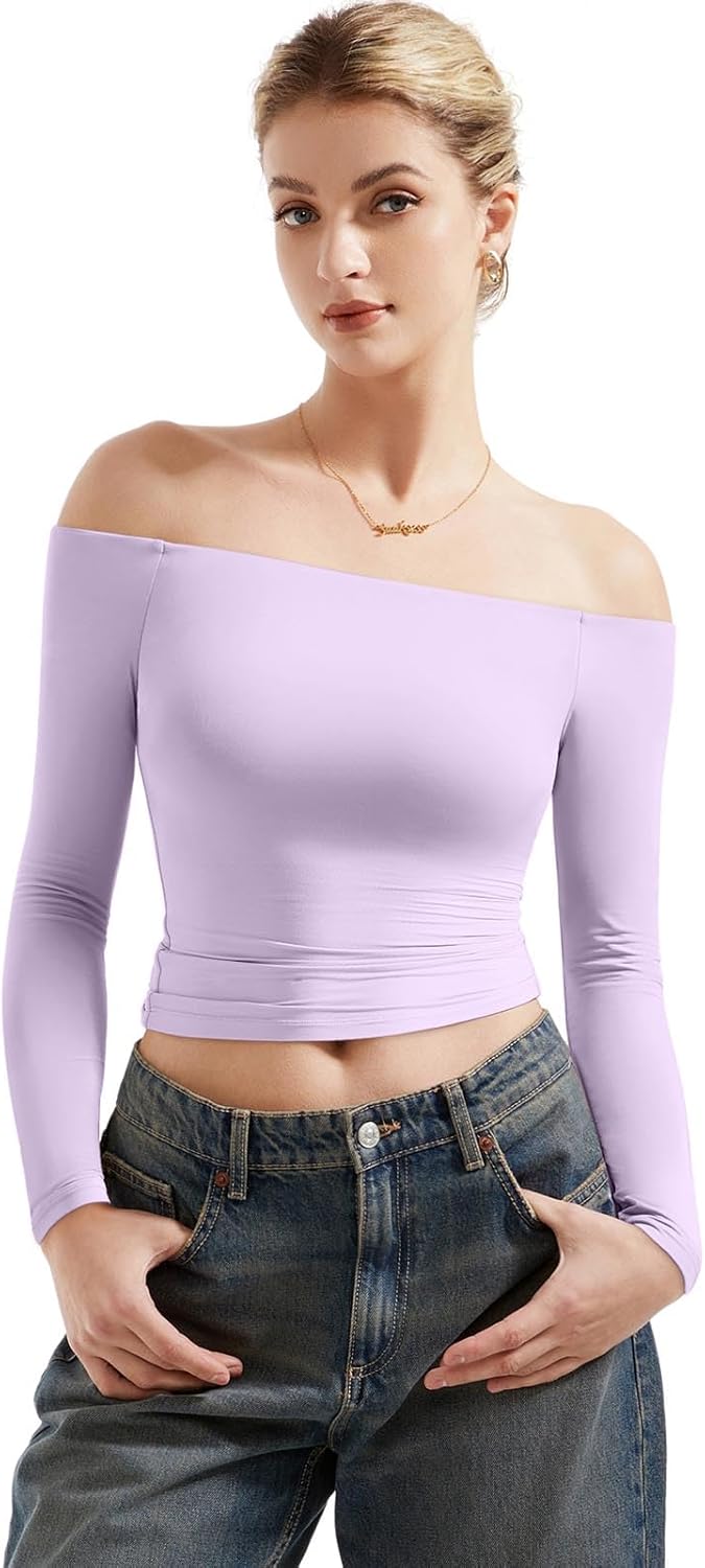 SUUKSESS Camisas de manga larga con doble forro y hombros descubiertos para mujer, blusas básicas para salir 
