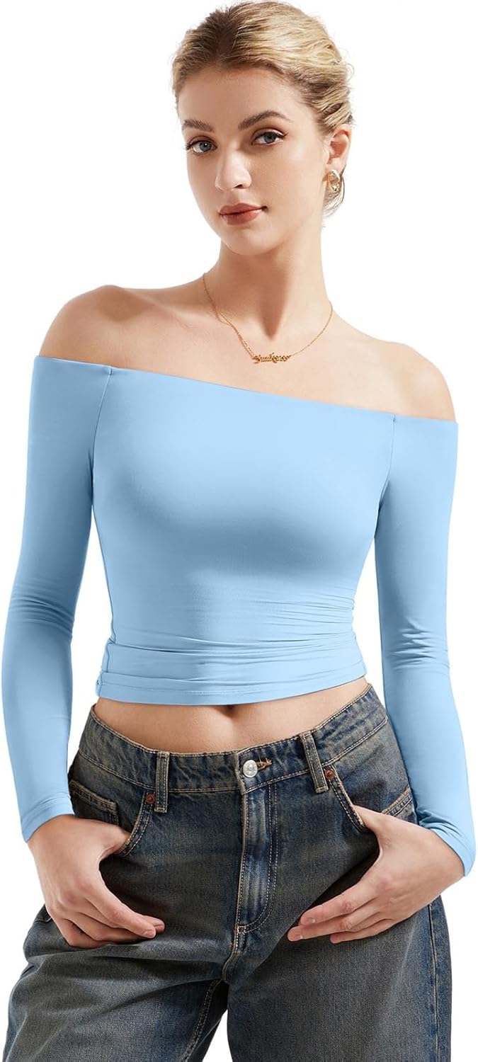 SUUKSESS Camisas de manga larga con doble forro y hombros descubiertos para mujer, blusas básicas para salir 