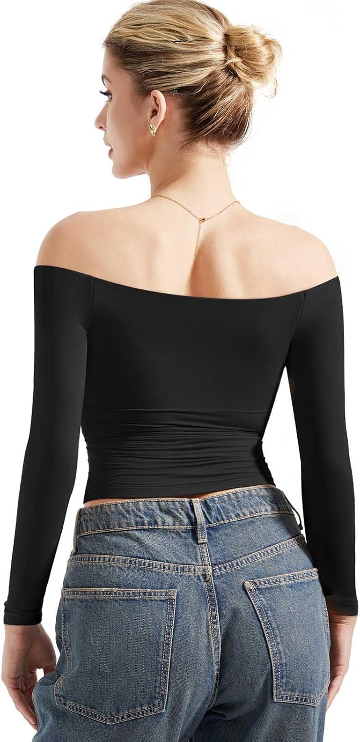 SUUKSESS Camisas de manga larga con doble forro y hombros descubiertos para mujer, blusas básicas para salir 