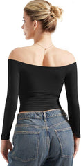SUUKSESS Camisas de manga larga con doble forro y hombros descubiertos para mujer, blusas básicas para salir 