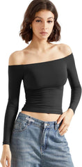 SUUKSESS Camisas de manga larga con doble forro y hombros descubiertos para mujer, blusas básicas para salir 