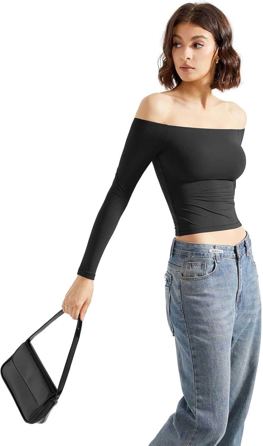 SUUKSESS Camisas de manga larga con doble forro y hombros descubiertos para mujer, blusas básicas para salir 