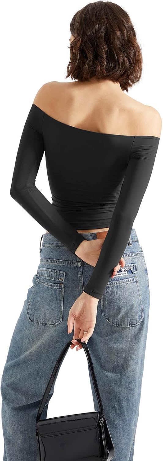 SUUKSESS Camisas de manga larga con doble forro y hombros descubiertos para mujer, blusas básicas para salir 