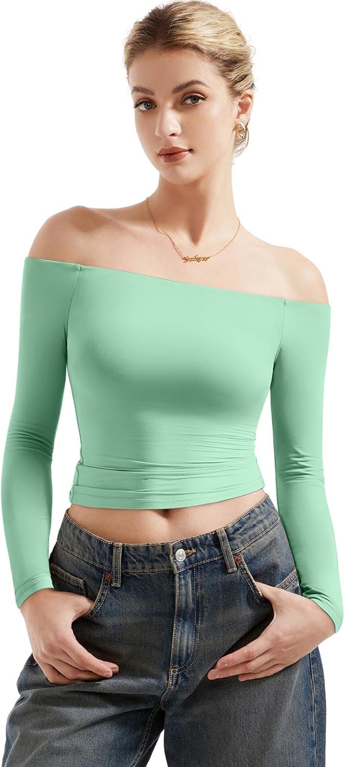 SUUKSESS Camisas de manga larga con doble forro y hombros descubiertos para mujer, blusas básicas para salir 
