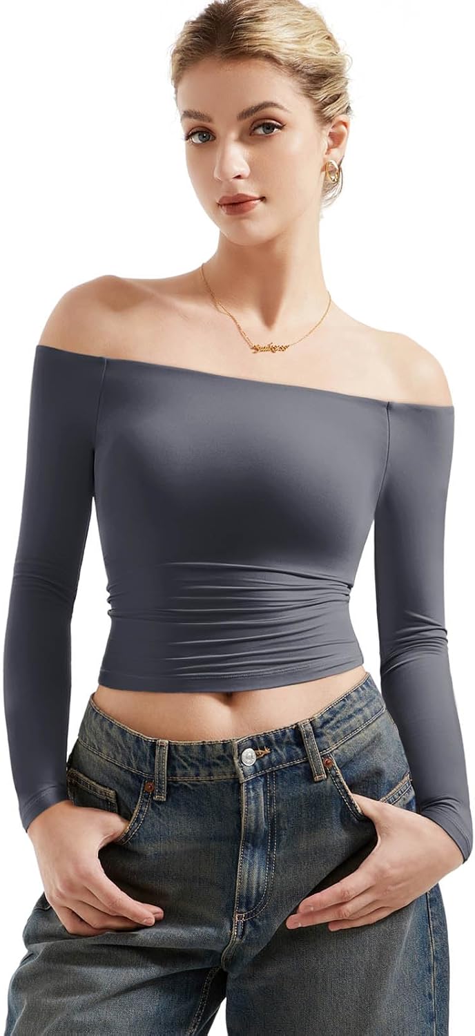 SUUKSESS Camisas de manga larga con doble forro y hombros descubiertos para mujer, blusas básicas para salir 