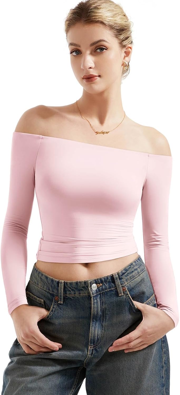 SUUKSESS Camisas de manga larga con doble forro y hombros descubiertos para mujer, blusas básicas para salir 